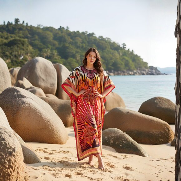 Women Plus Size Paisley Printed Multicolor Kaftan Maxi Dress by Gypsie Blu - Picture 1 of 9